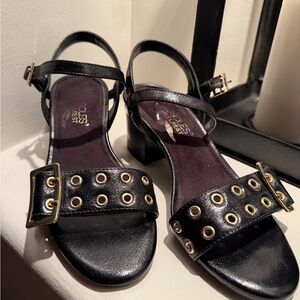 Aerosoles Hellrest Women's Leather Block Black Sandals with Gold Accents